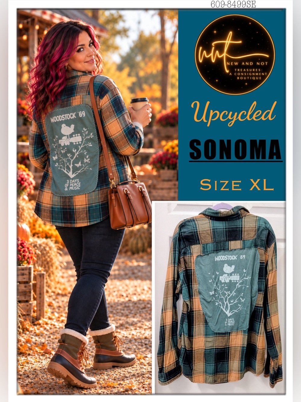 Upcycled Sonoma XL Plaid Flannel Shirt Woodstock ’69 Peace Music Boho Grunge